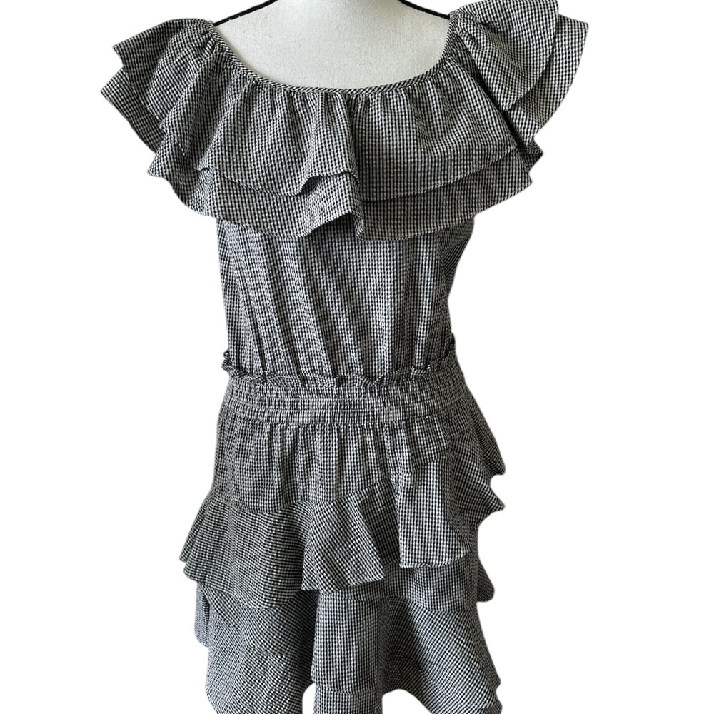 LOVESHACKFANCY Black & White Gingham Ruffle Mini Dress Size S